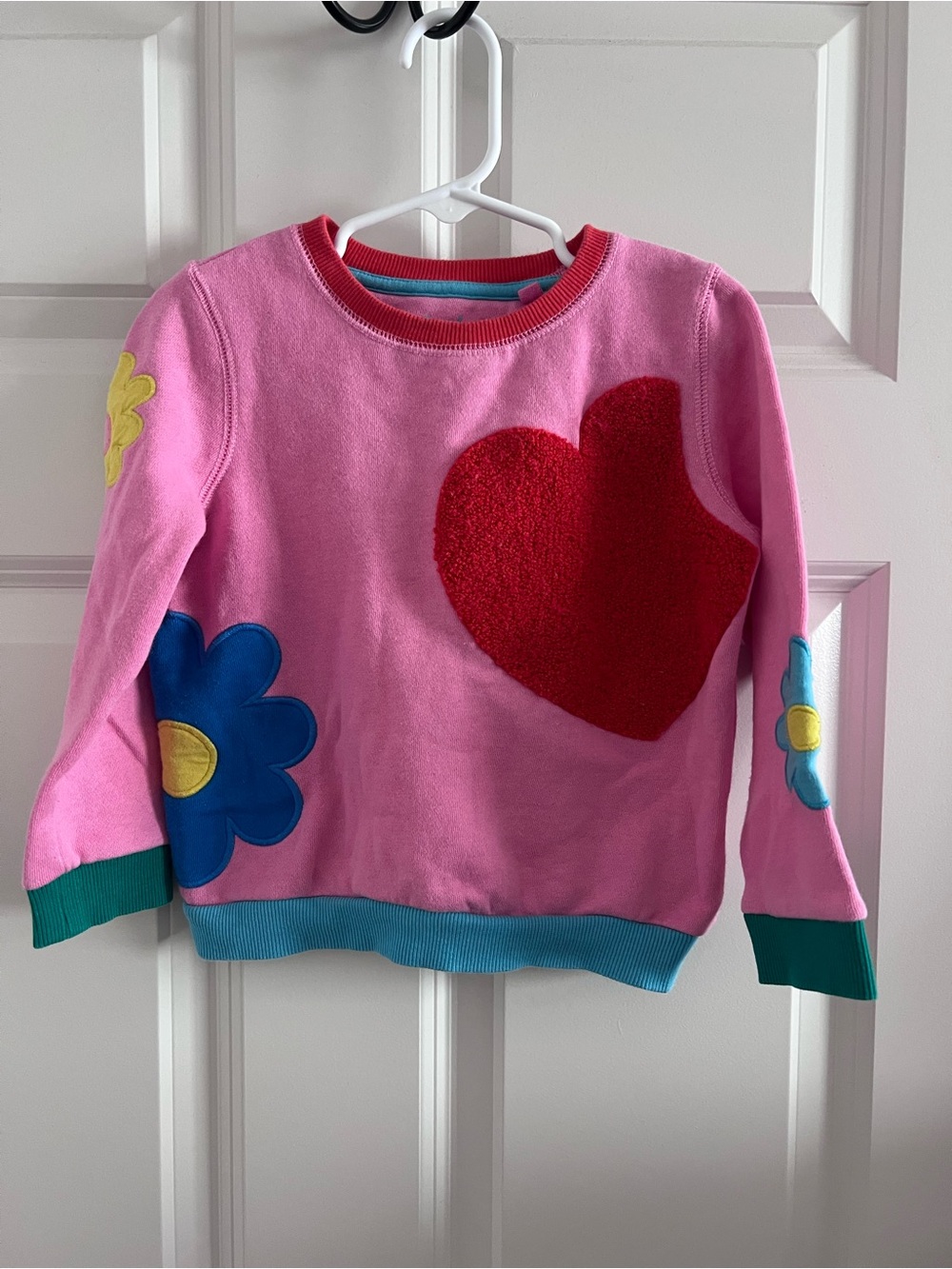 Mini Boden Pink Sweatshirt with Red Heart & Multicolor Flower Appliqués